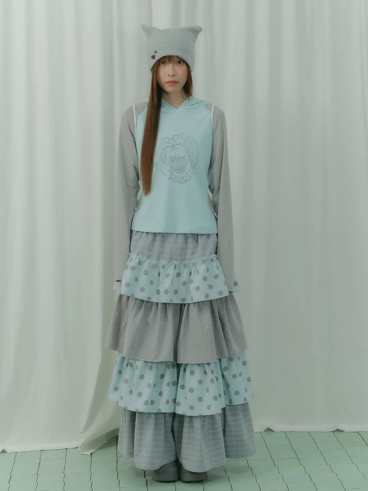 Gray-Blue Polka Dot Tiered Maxi Skirt