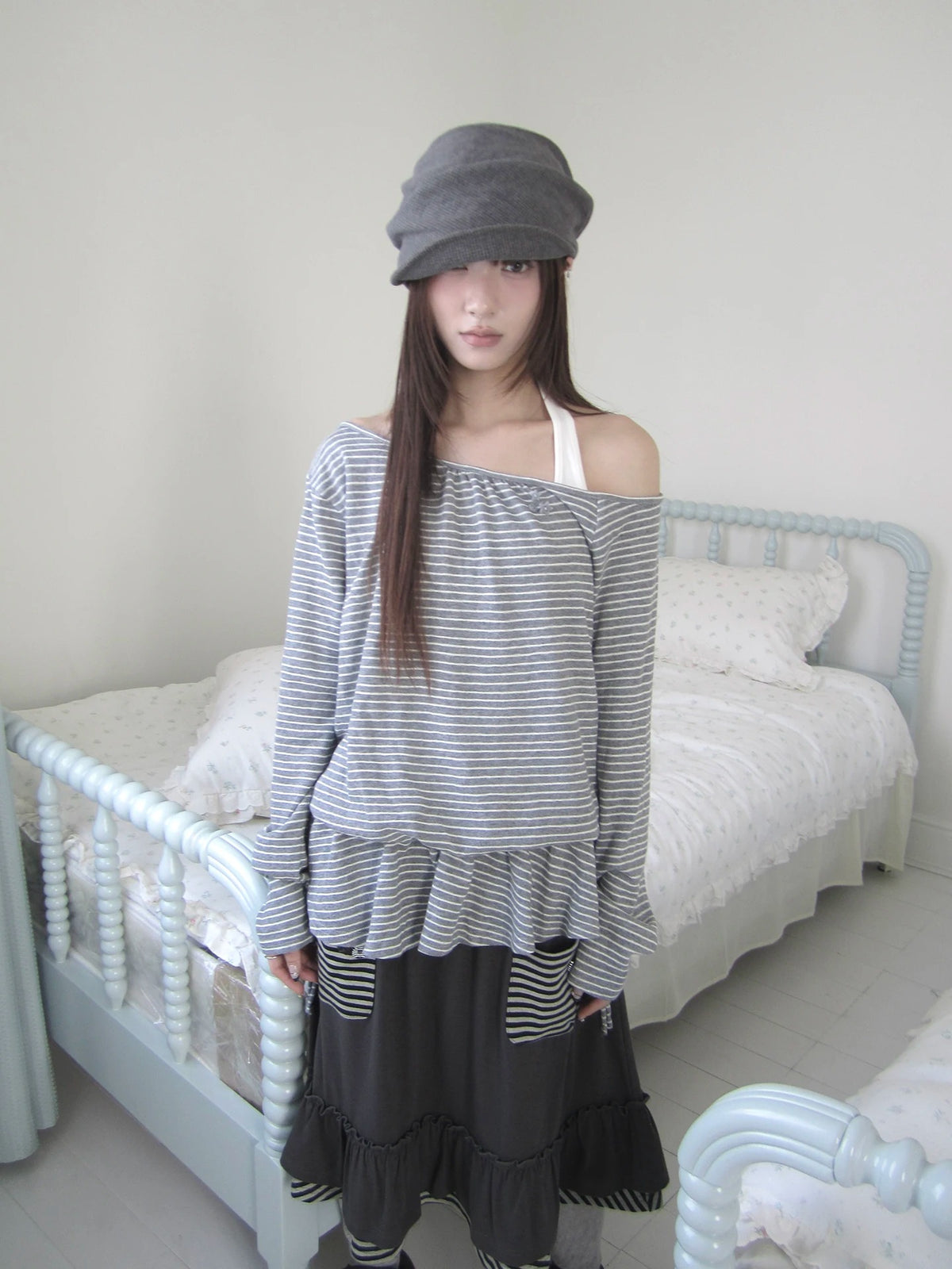 Striped Off-Shoulder Ruffle Layered Long Sleeve Top