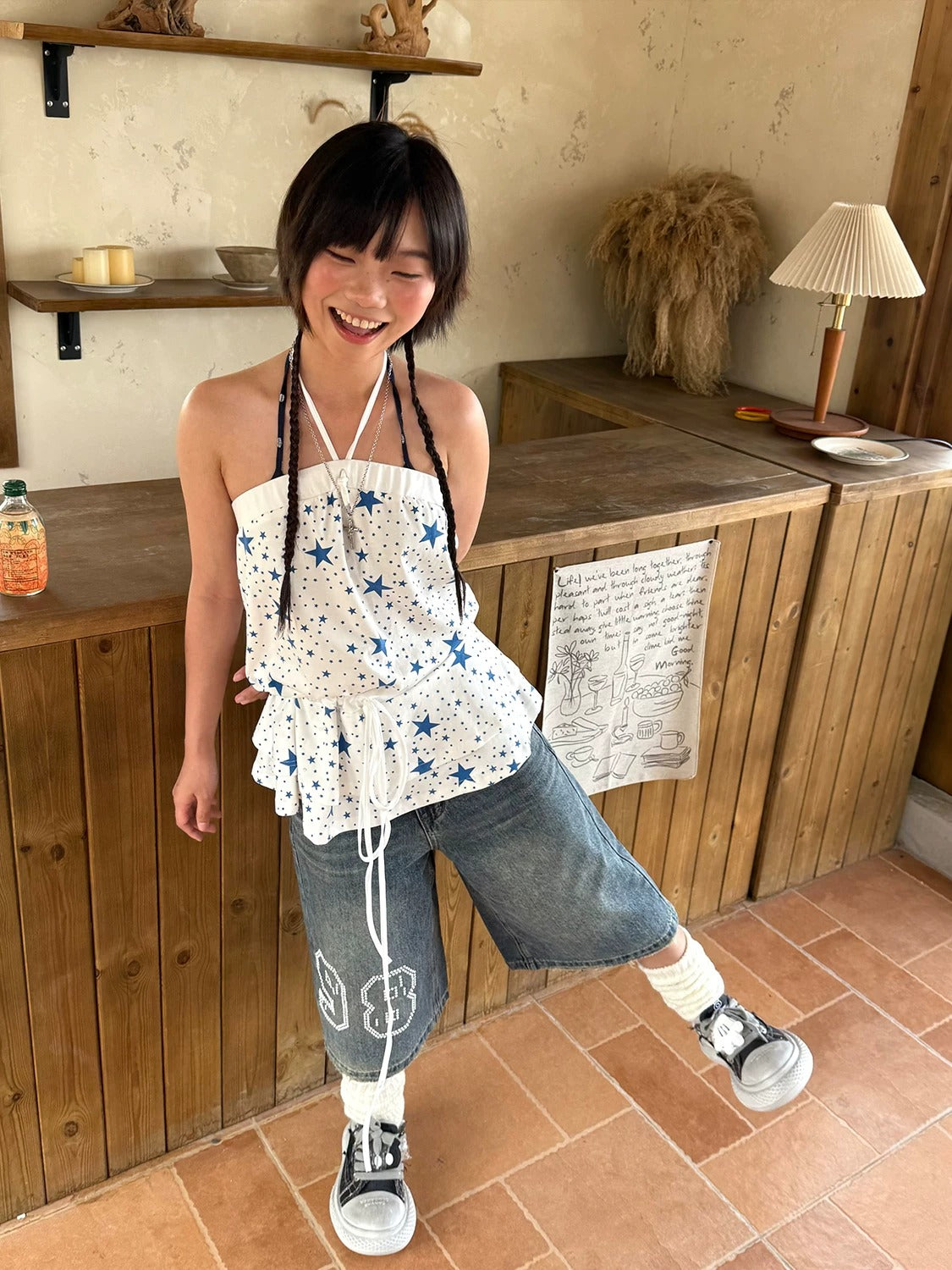 Blue Star Halter Ruffle-Hem Cami Top