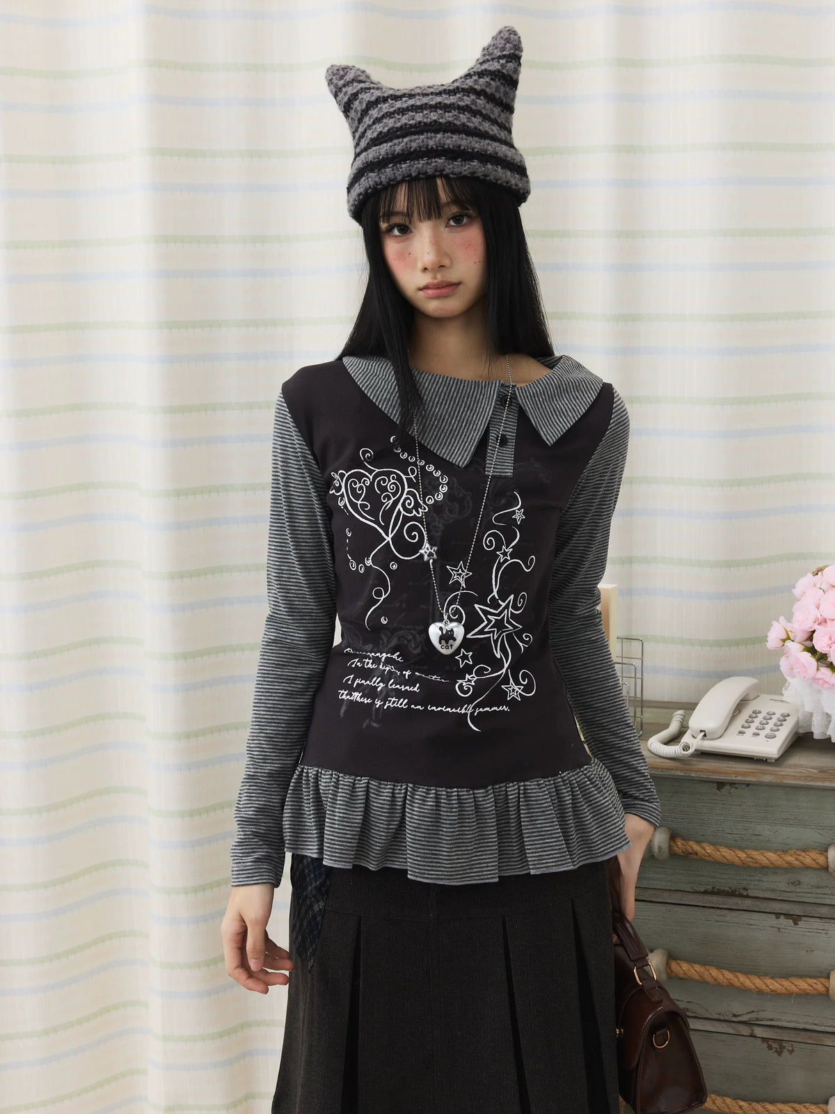 Graphic Stripe Faux-Layer Ruffle-Hem Long Sleeve Top