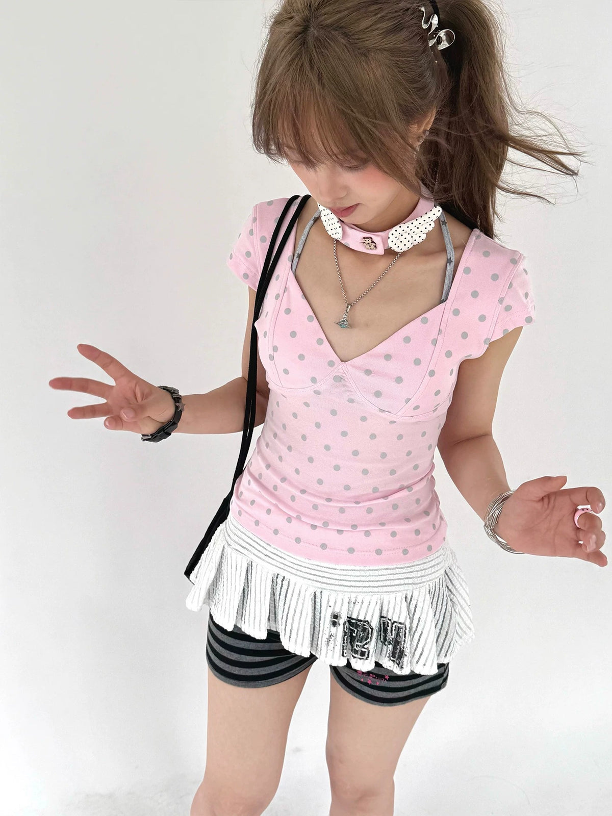 Mechanical Bear Polka Dot V-Neck Fitted Tee with Choker