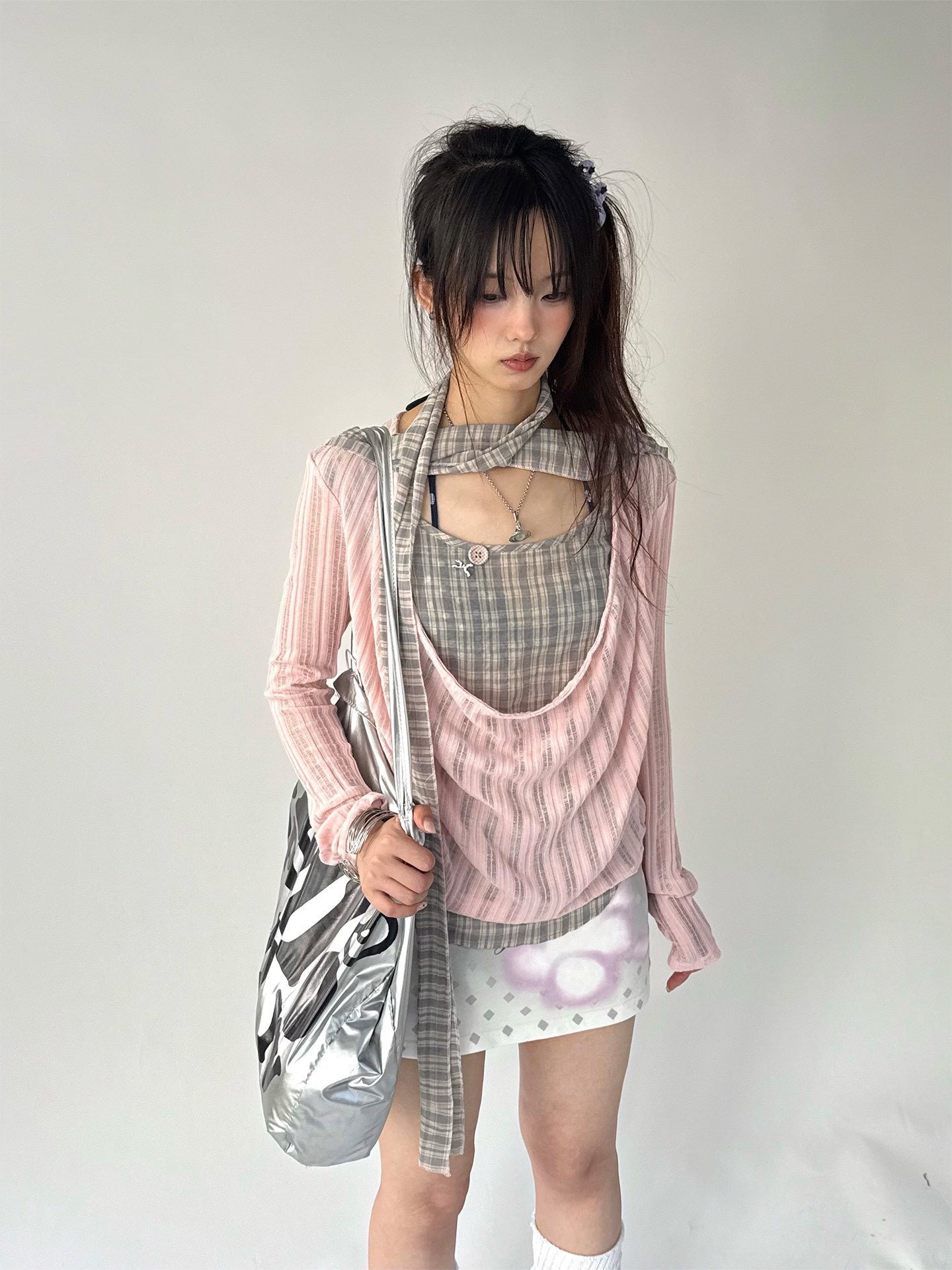 Dusty Pink Plaid Cowl-Neck Layered Top