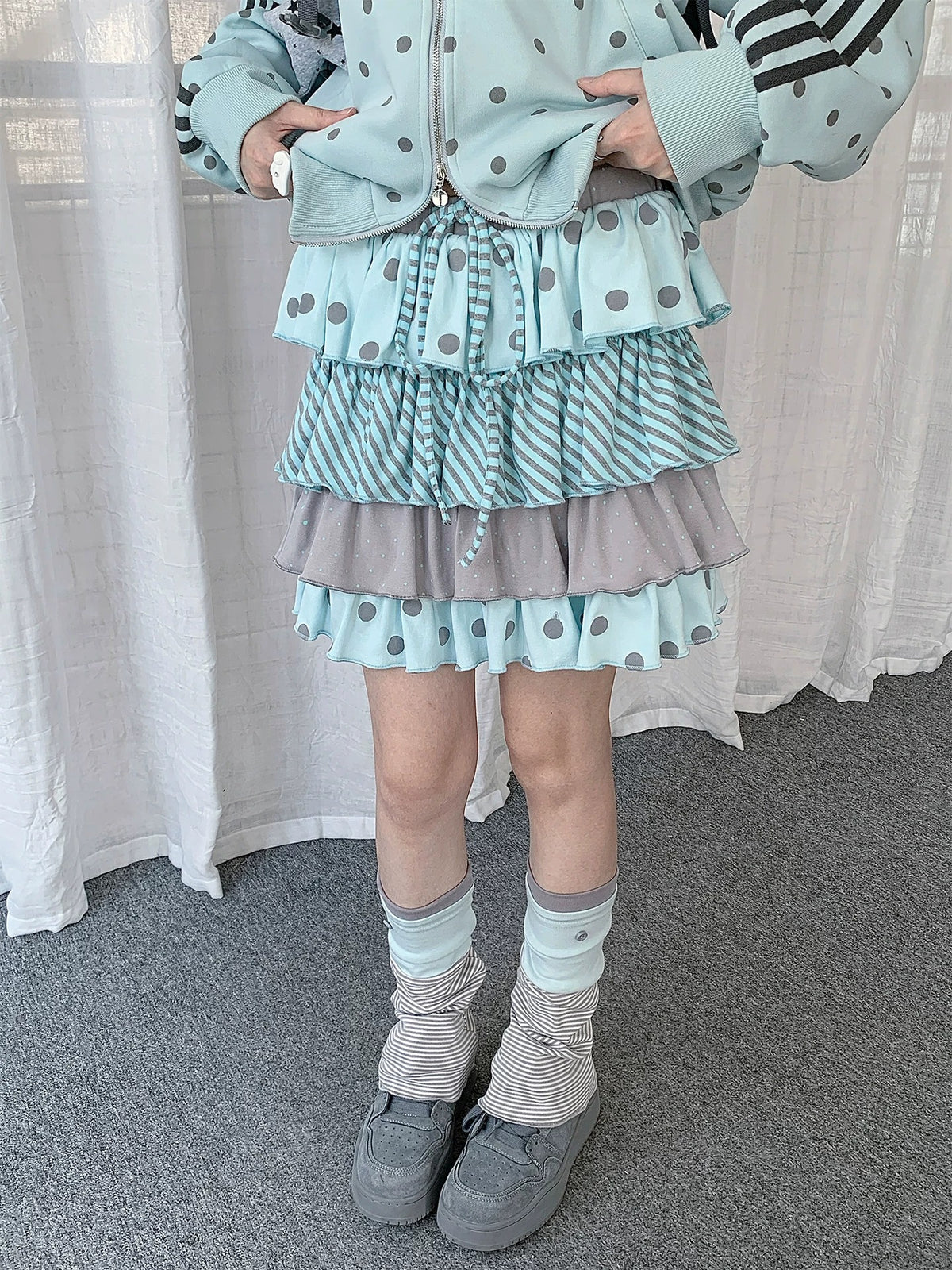 Polka Dot Stripe Tiered Mini Skirt