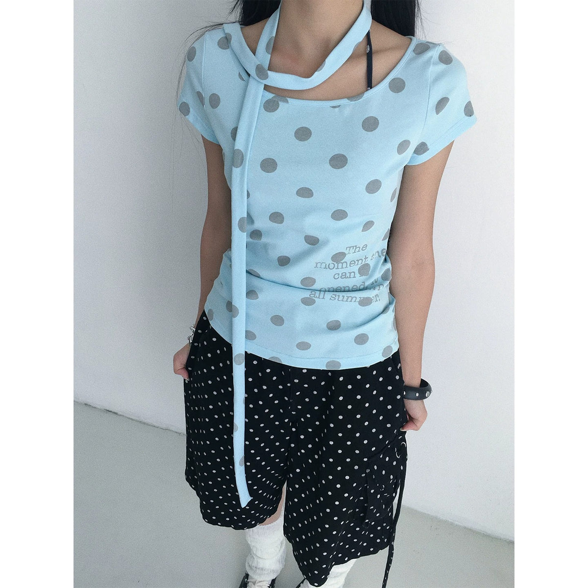 Polka Dot Scarf Short Sleeve Top