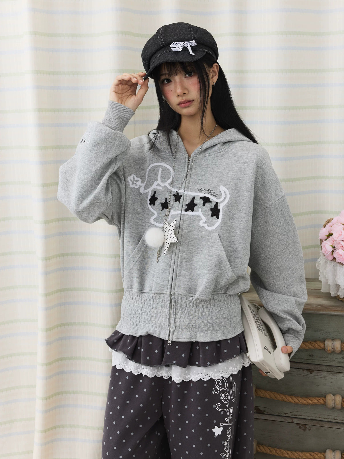 Star Puppy Smocked-Waist Zip-Up Hoodie