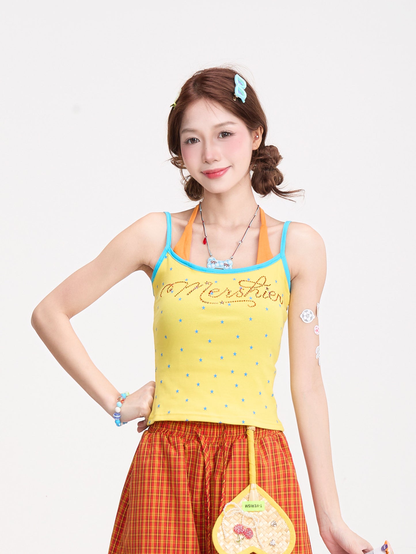 Starry Rhinestone Halter Cami & Plaid Wide-Leg Pants