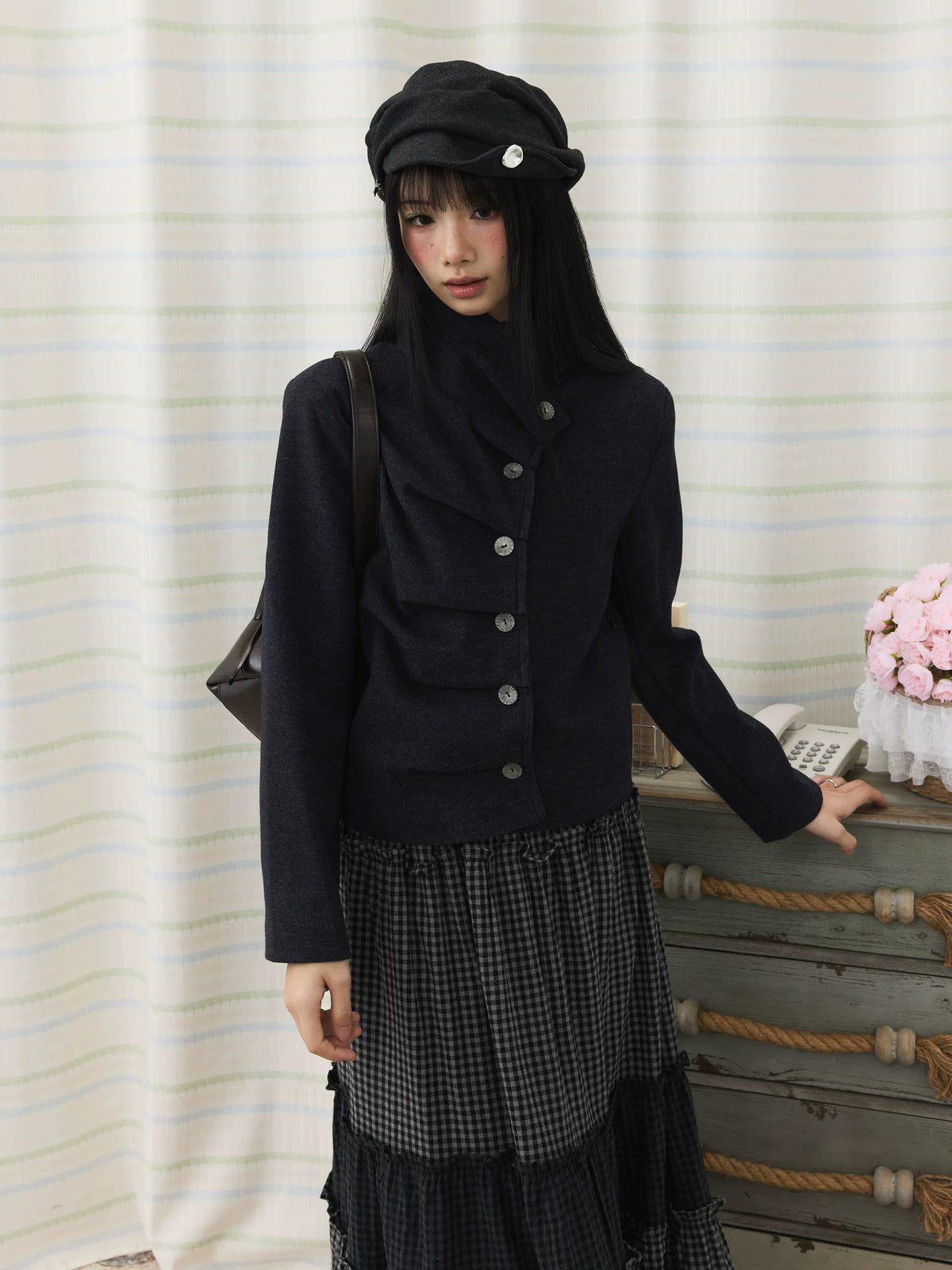 Asymmetric Pleated Collar Cropped Button Jacket
