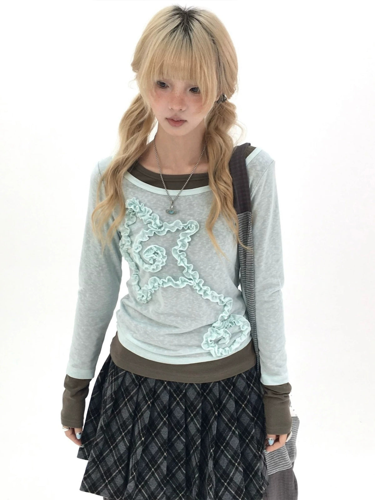 Mist Aqua Ruffle Star Faux-Layer Long Sleeve Top