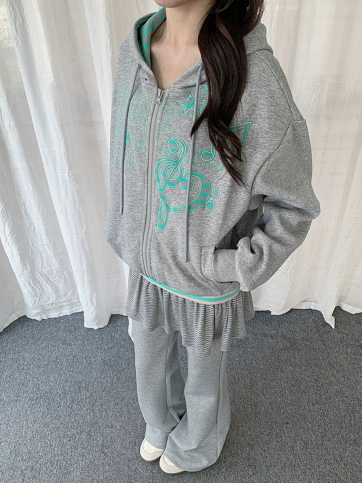 Music Note Embroidered Zip-Up Hoodie