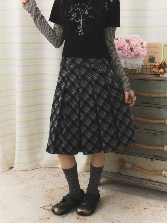 Vintage Plaid Pleated Midi Skirt
