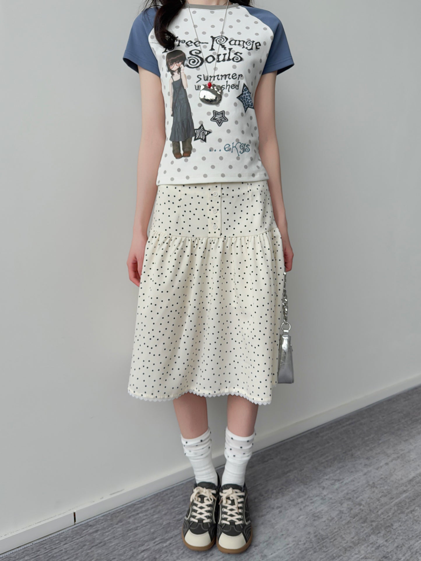 Polka Dot Button Tiered Midi Skirt