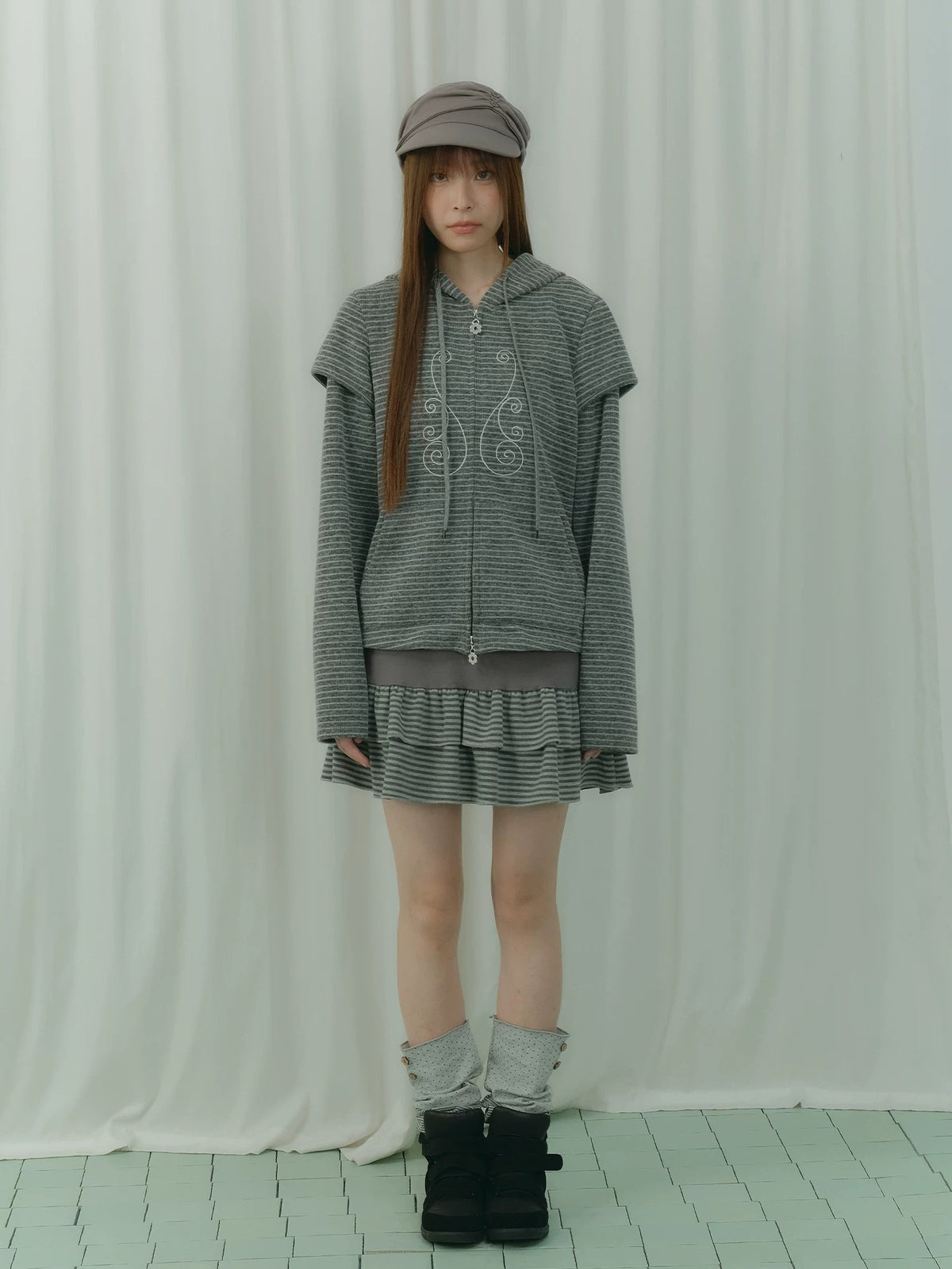Charcoal Stripe Music Note Faux-Layer Zip Hoodie
