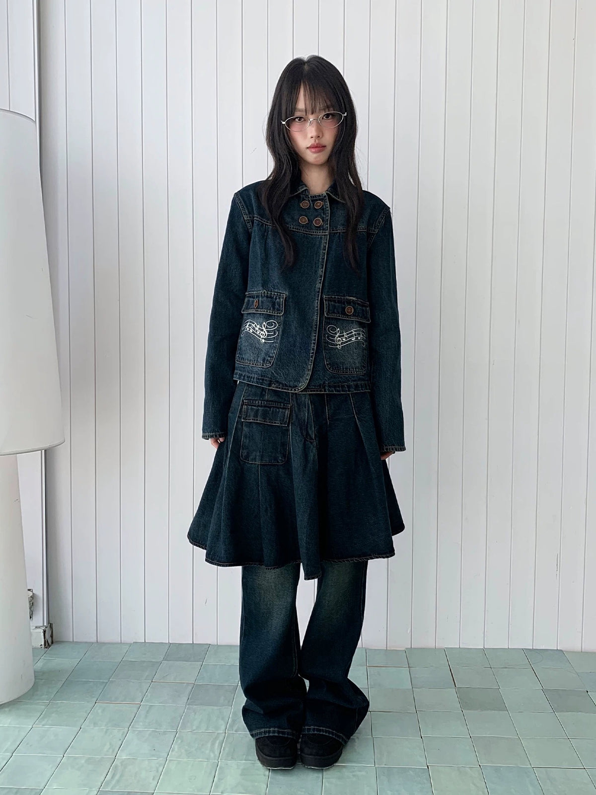 Washed Denim Music-Note Embroidered Jacket