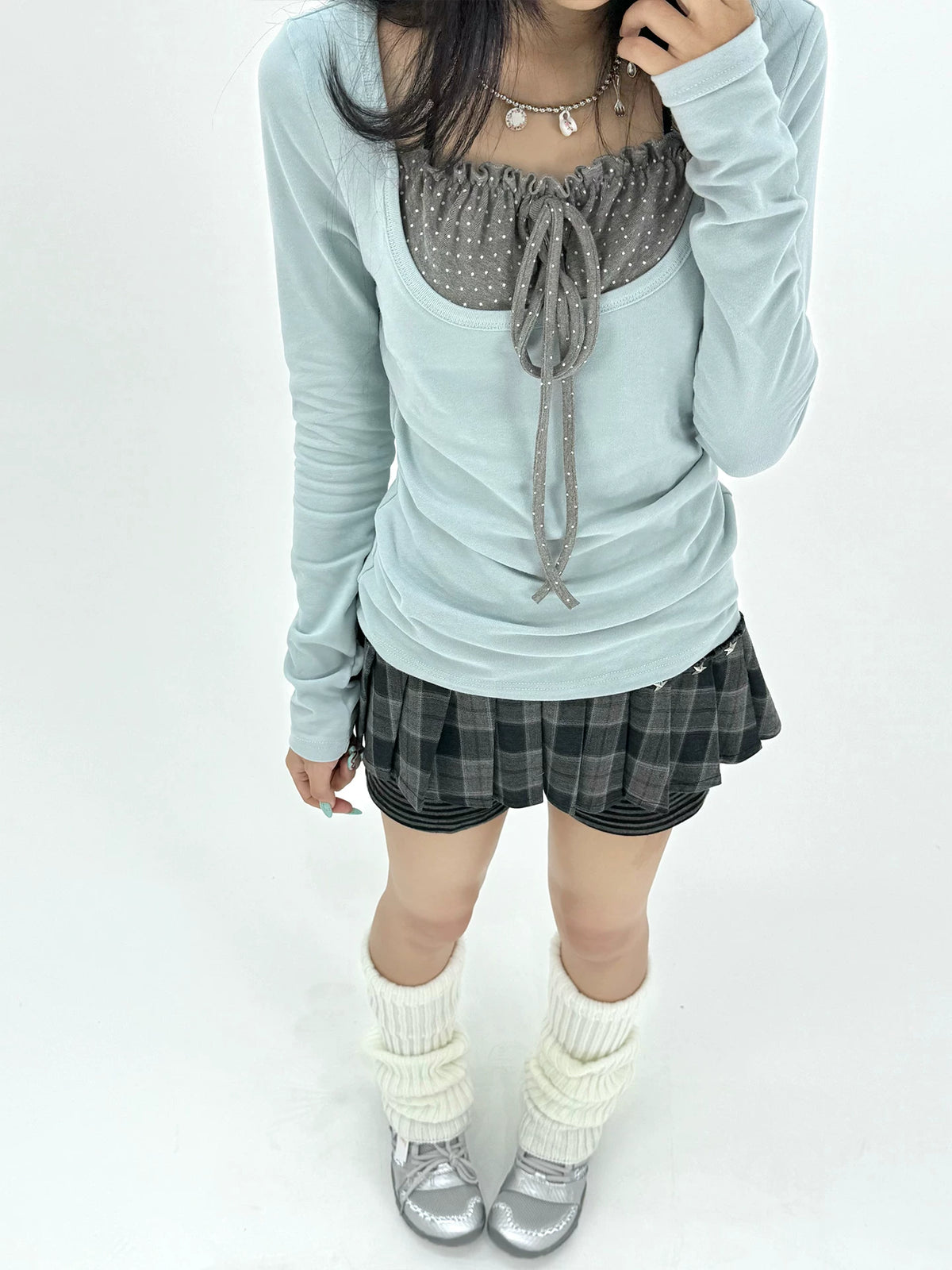 Polka Dot Tie-Front Layered Long Sleeve Top