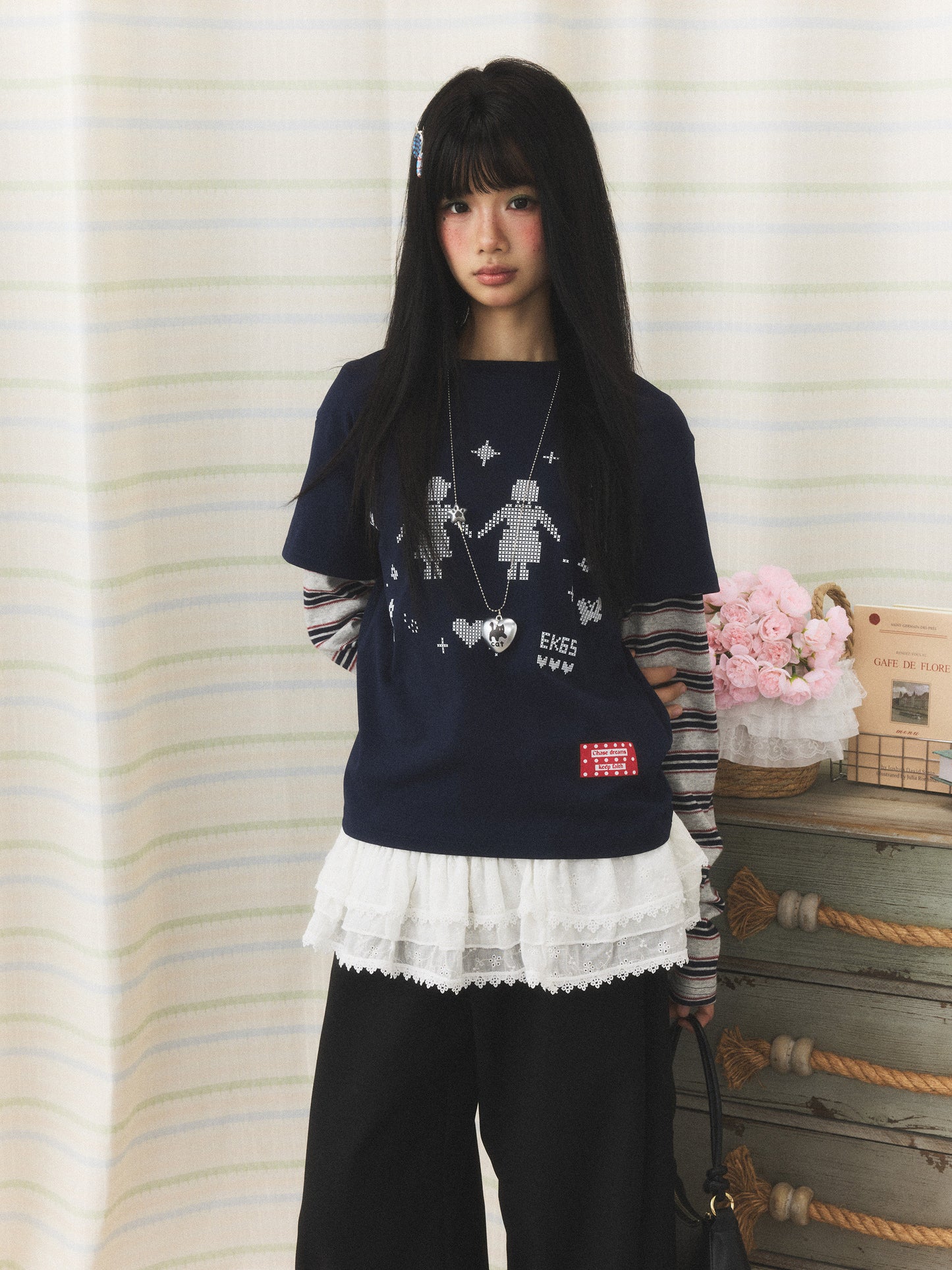 Navy Pixel Girl Stripe Faux-Layer Long-Sleeve Tee