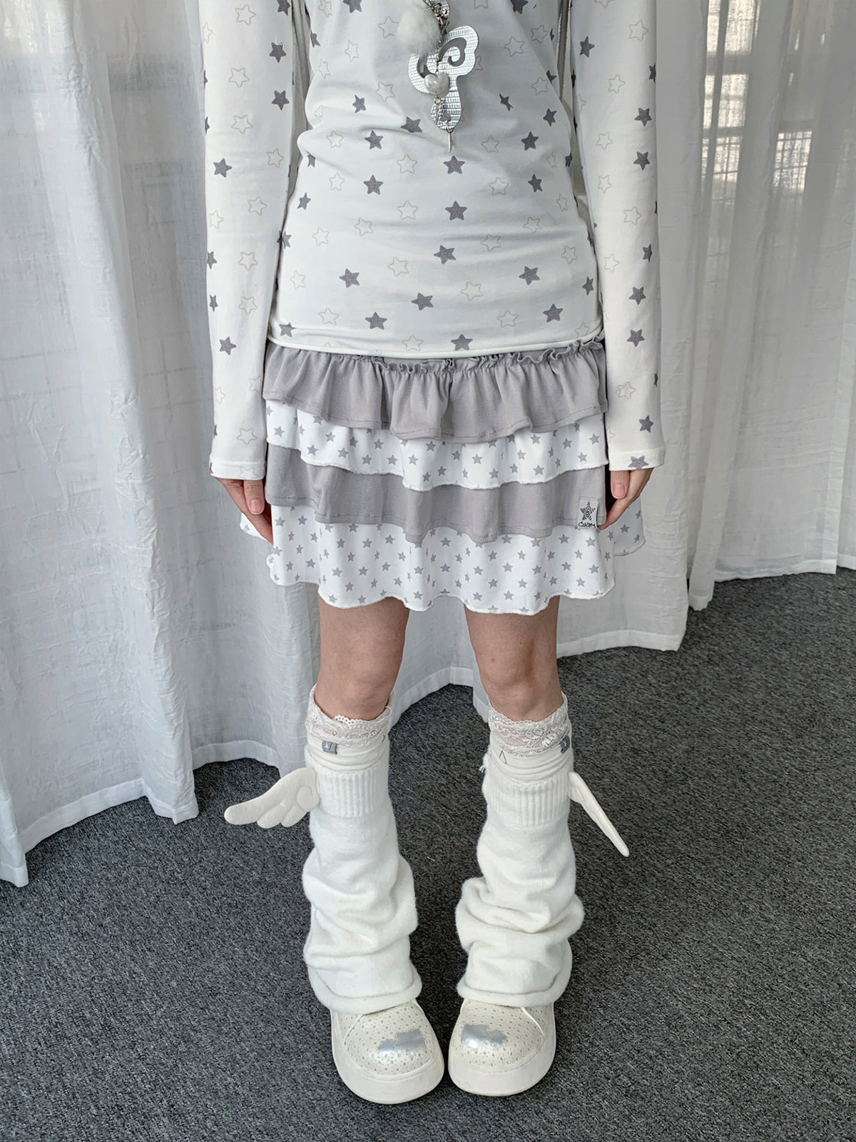 Light Gray Star Tiered Ruffle Mini Skirt