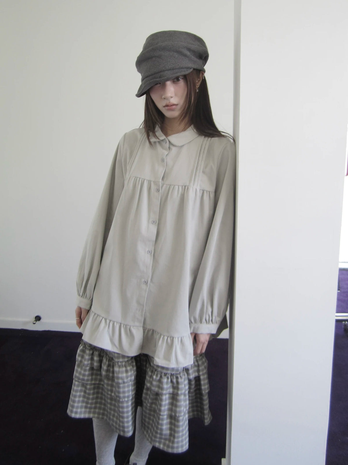 Pleated Ruffle Hem Button-Up Long Sleeve Blouse