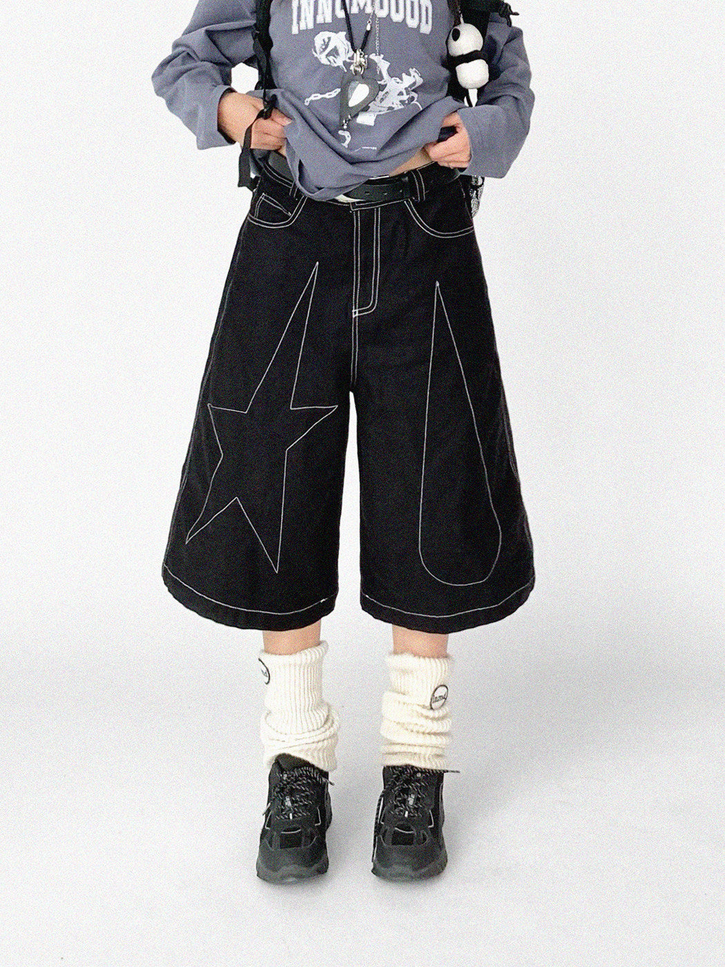 Falling Star Contrast-Stitch Wide-Leg Culottes