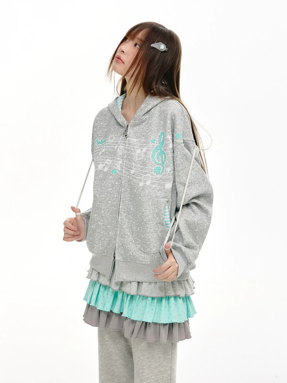 Gray Melody Polka Dot Graphic Zip Hoodie