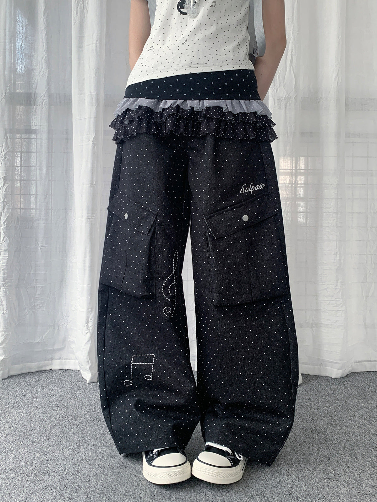 Polka Dot Music Note Embroidered Cargo Pants