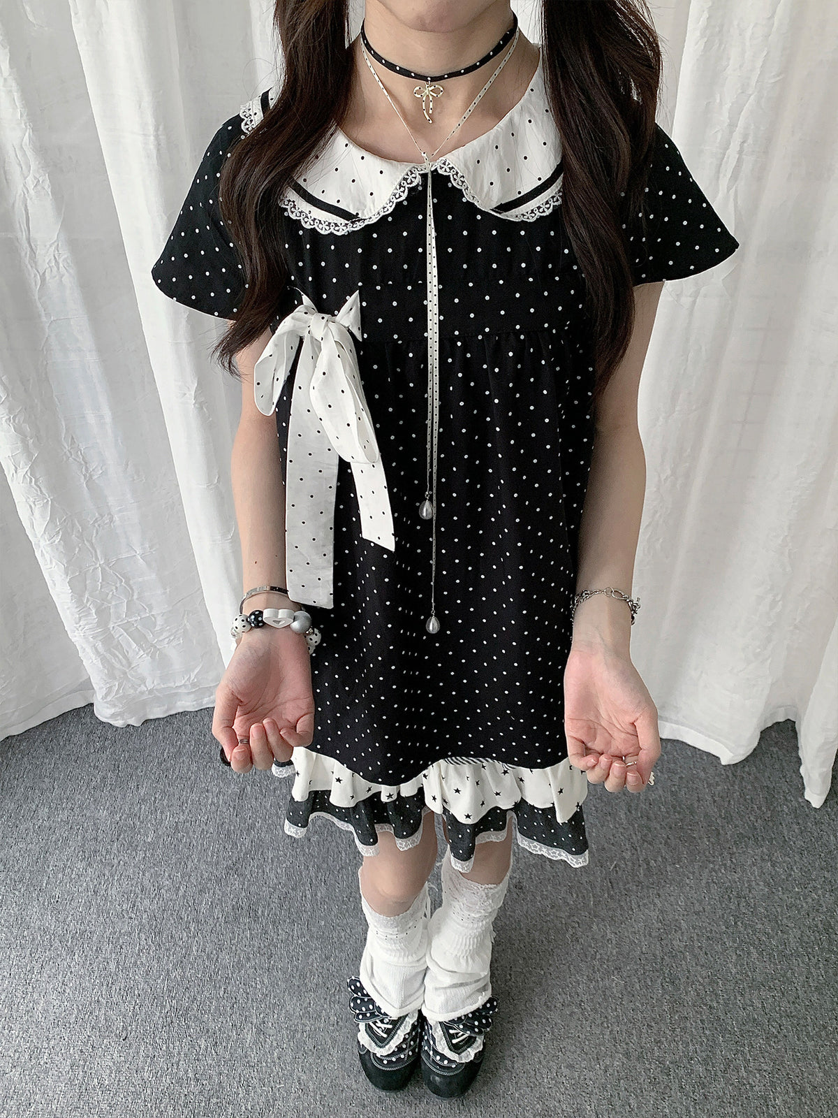 Polka Dot Bow Peter Pan Collar Short Sleeve Top
