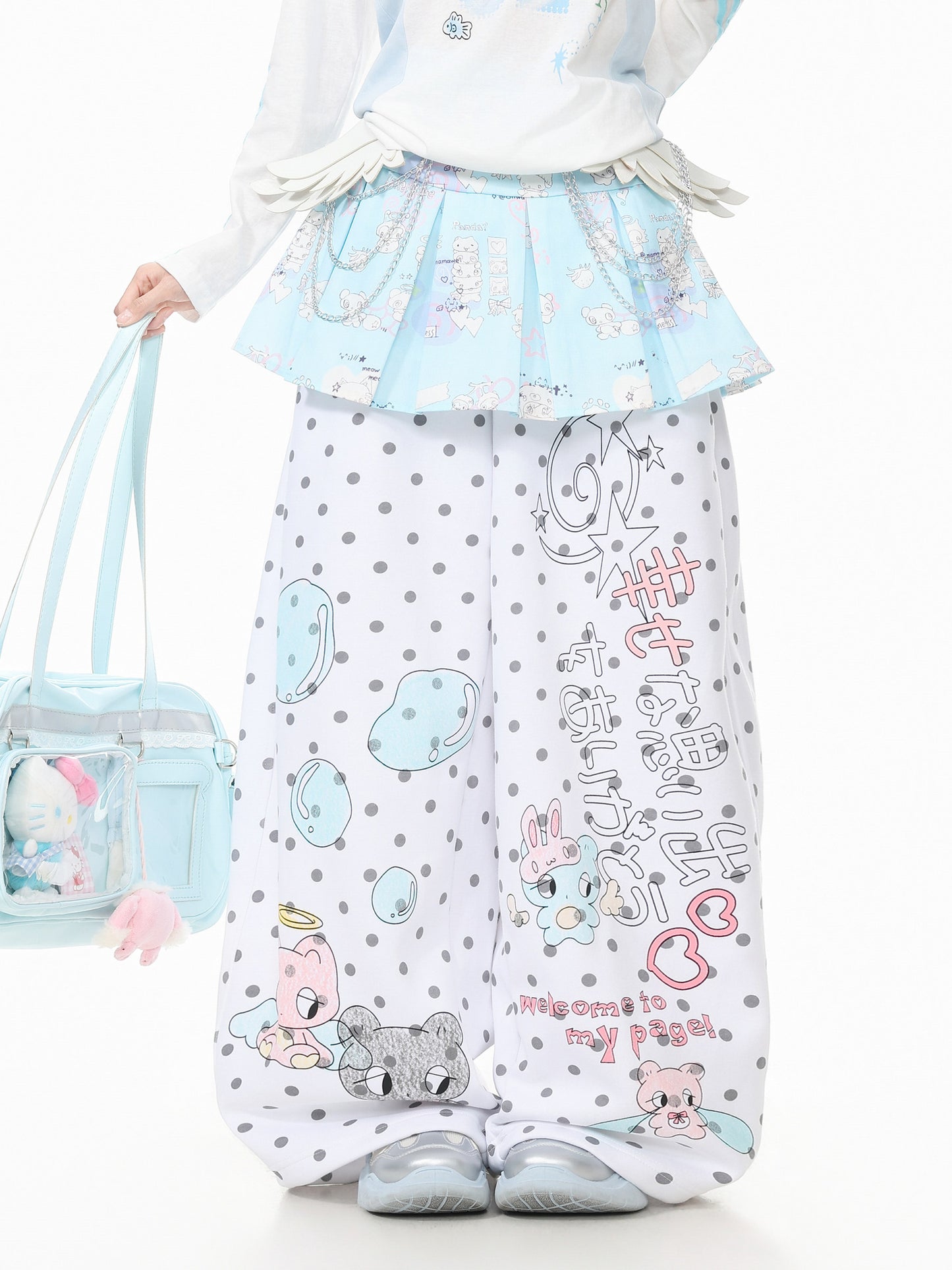 Pastel Doodle Polka Dot Wide-Leg Pants