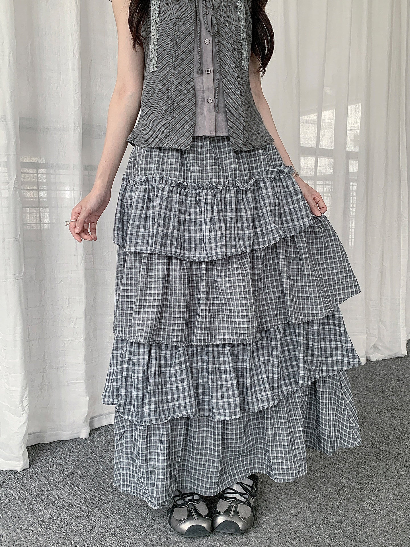 Plaid Patchwork Tiered Maxi Skirt