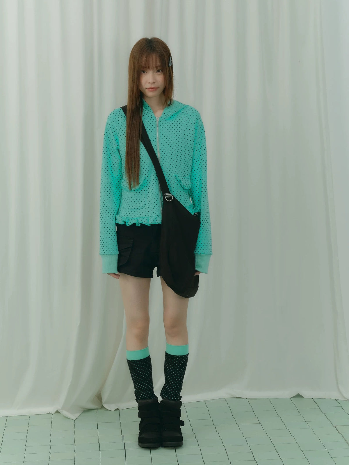 Mint Micro-Star Ruffle-Hem Zip-Up Hoodie