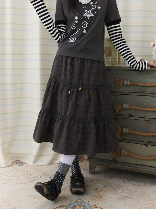 Plaid Tiered Lace Trim Midi Skirt