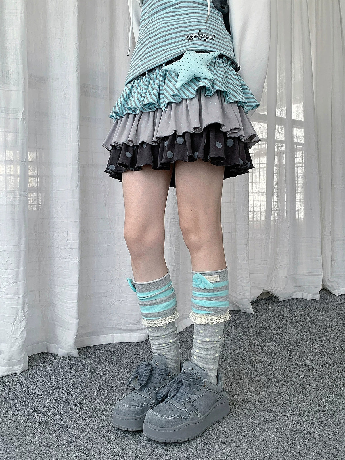 Polka Dot Stripe Tiered Ruffle Mini Skirt