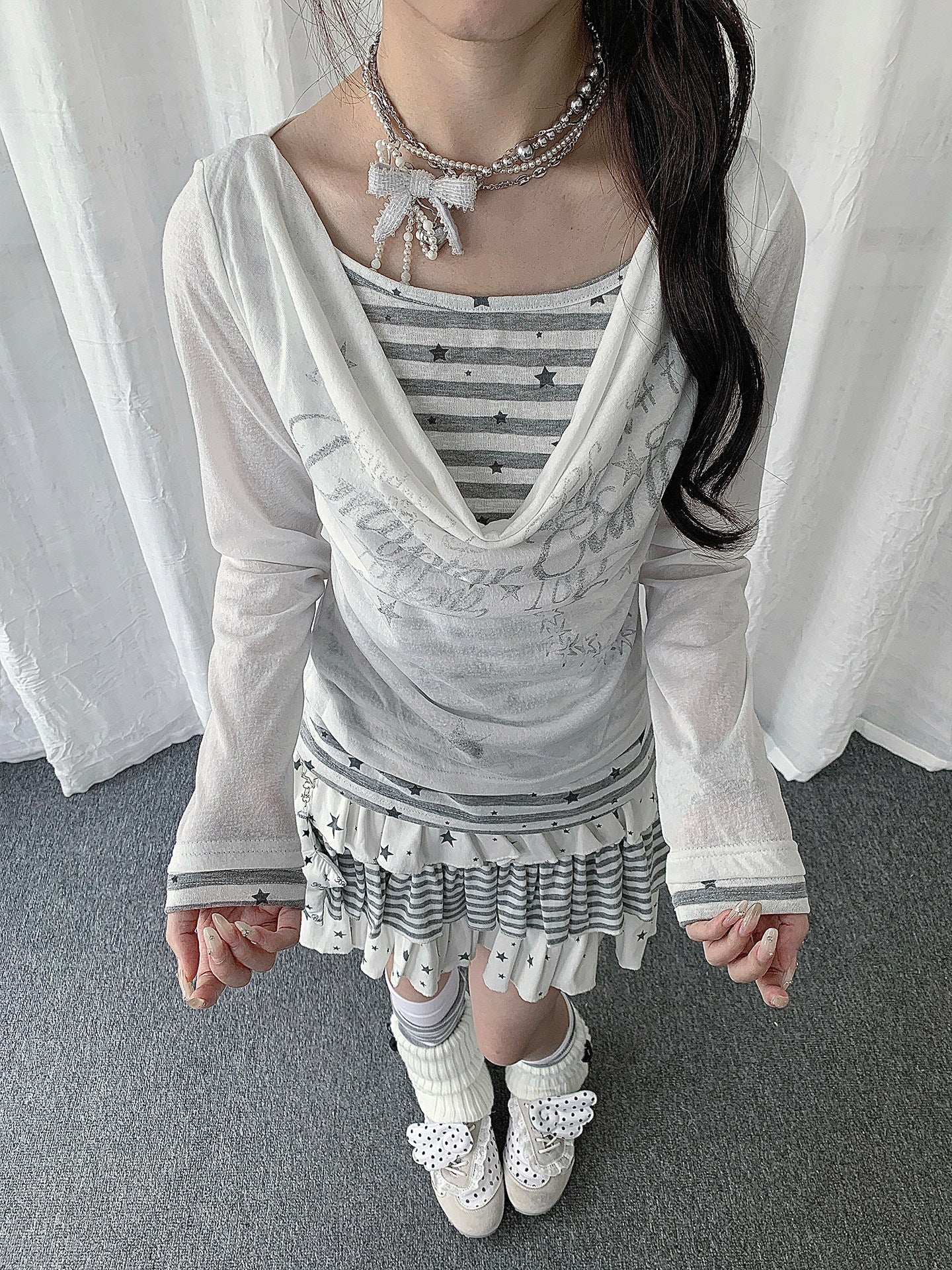 Star Stripe Cowl-Neck Faux-Layer Long Sleeve Top