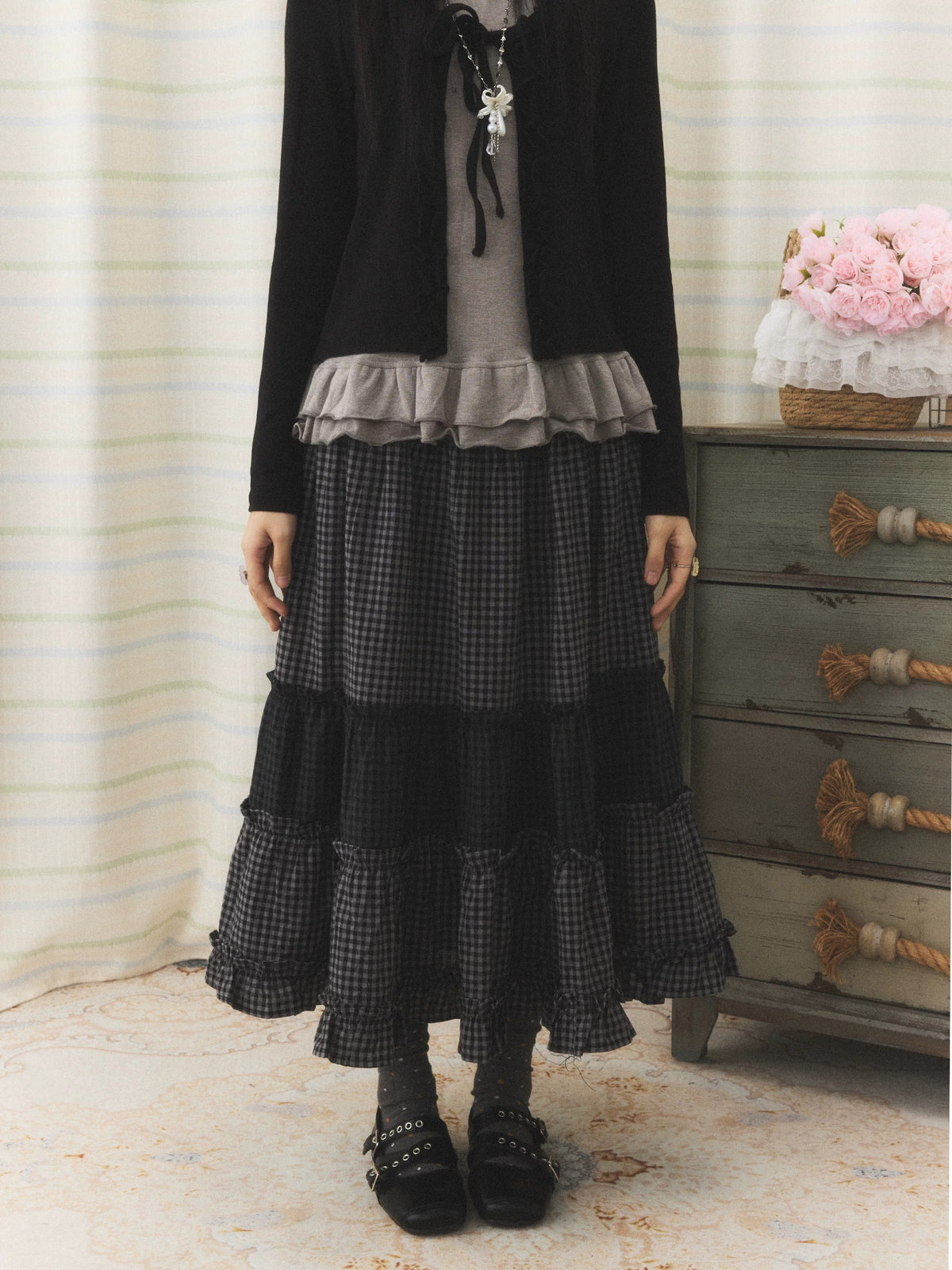 Mixed Plaid Tiered Ruffle Midi Skirt