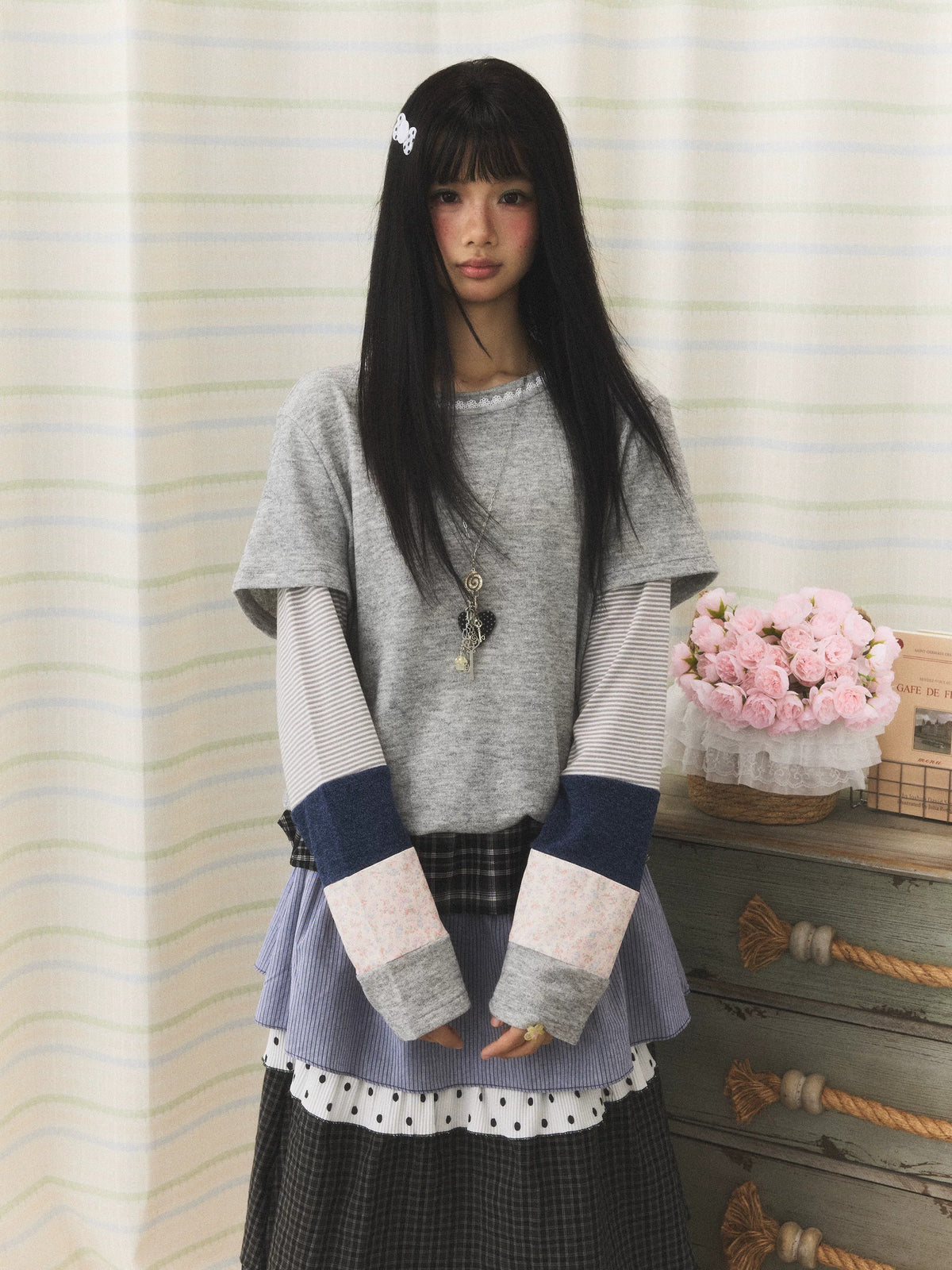 Lace-Trim Patchwork Faux-Layered Long Sleeve Top