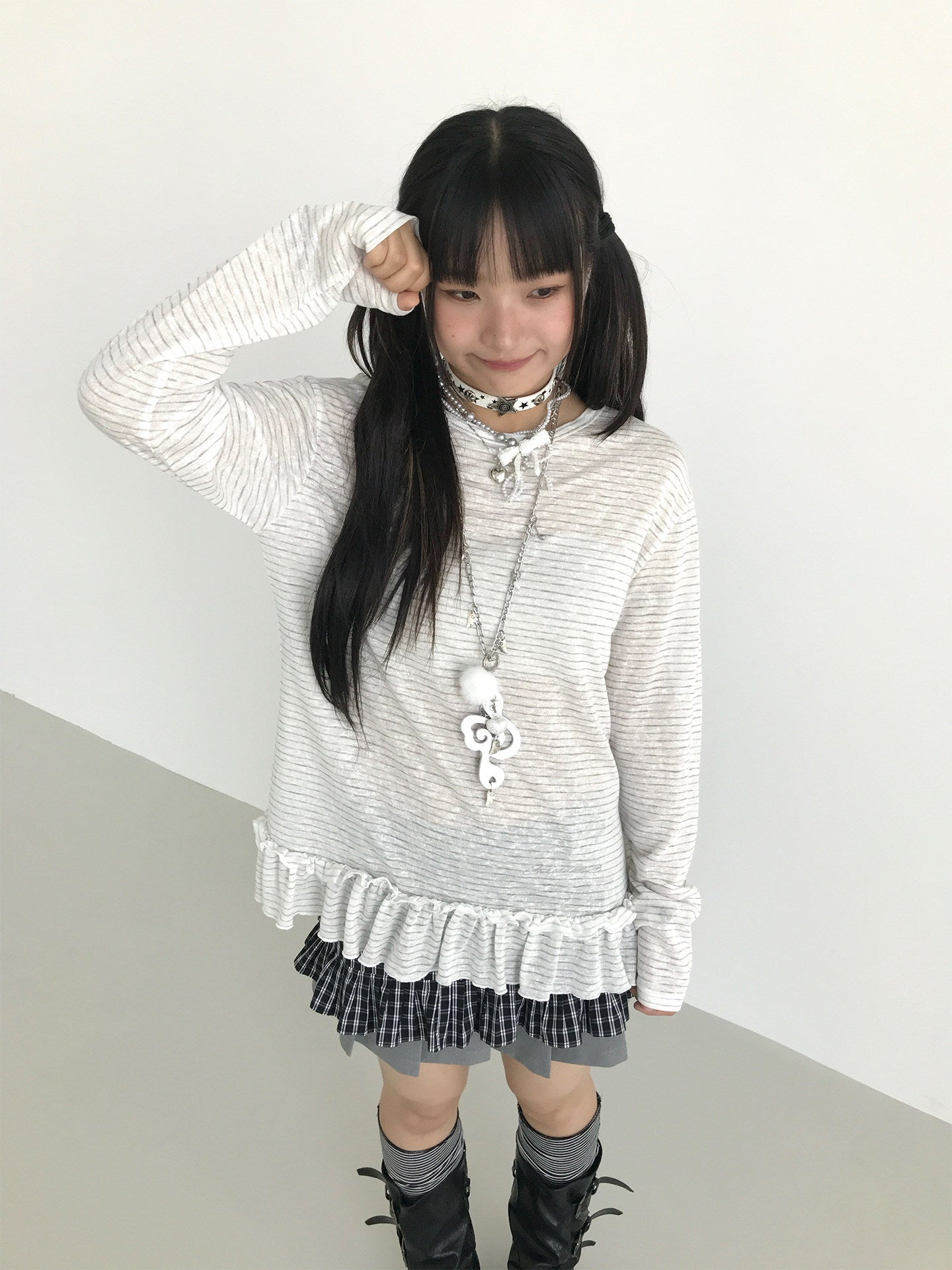 Sheer Stripe Ruffle-Hem Layering Top
