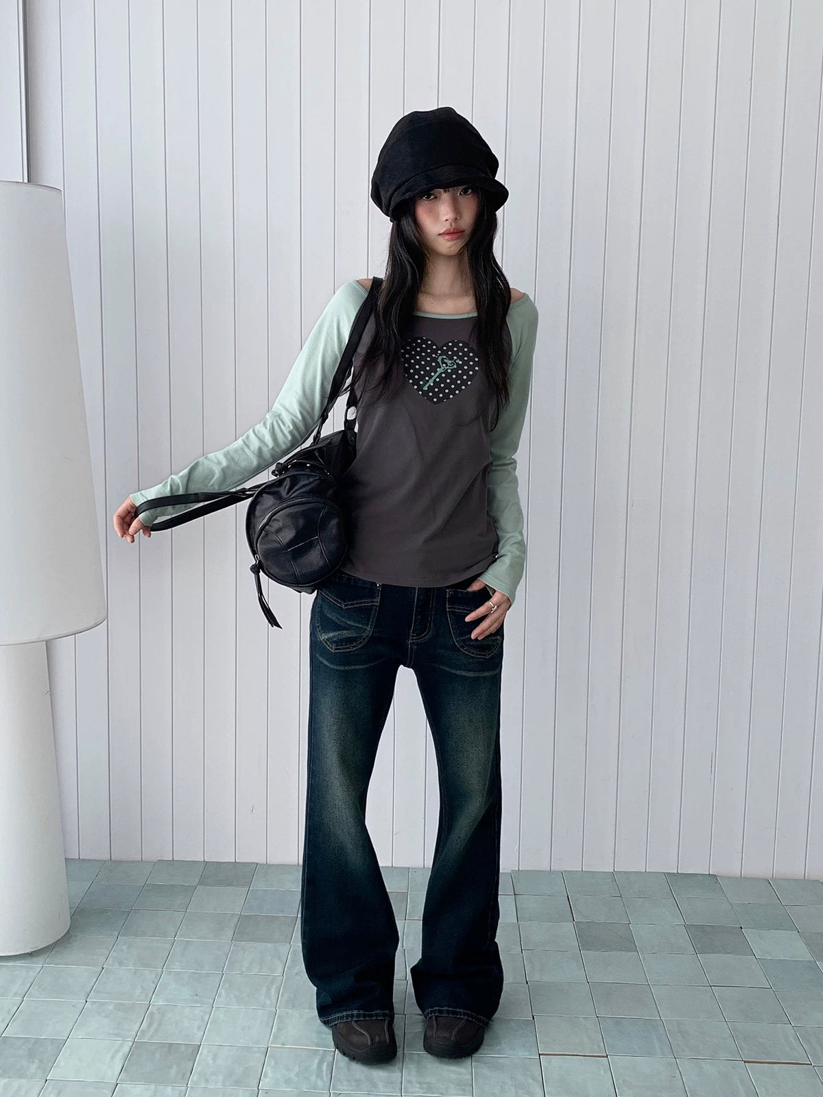 Polka Dot Heart Key Contrast Raglan Long Sleeve Tee