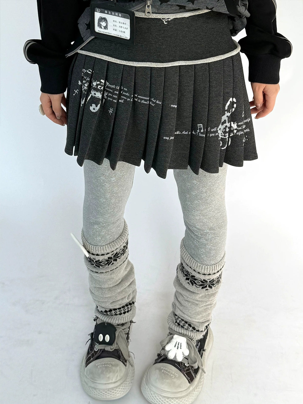 Music Note Rolled-Waist Pleated Mini Skirt