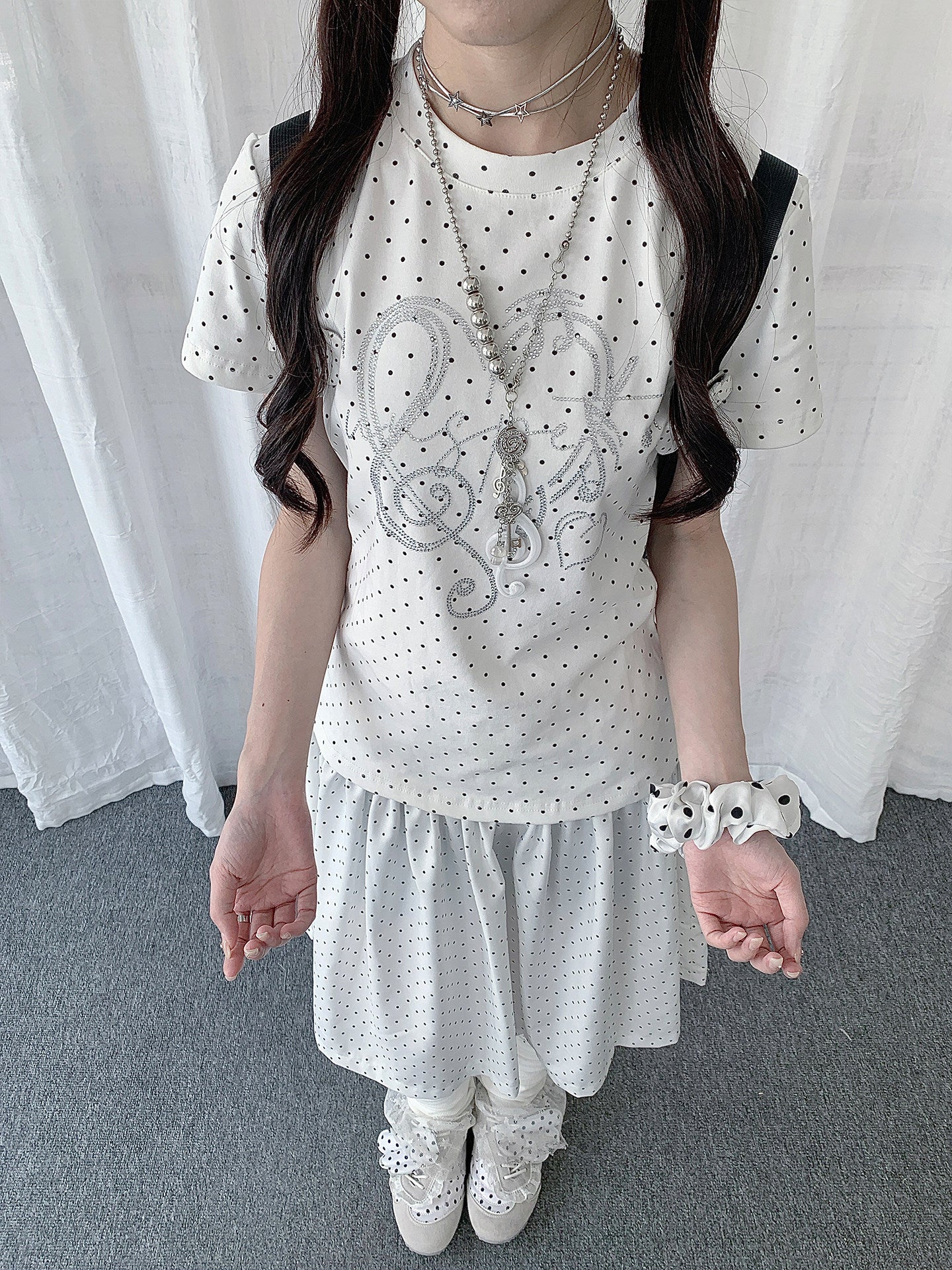 Heart Note Rhinestone Polka Dot Fitted Tee