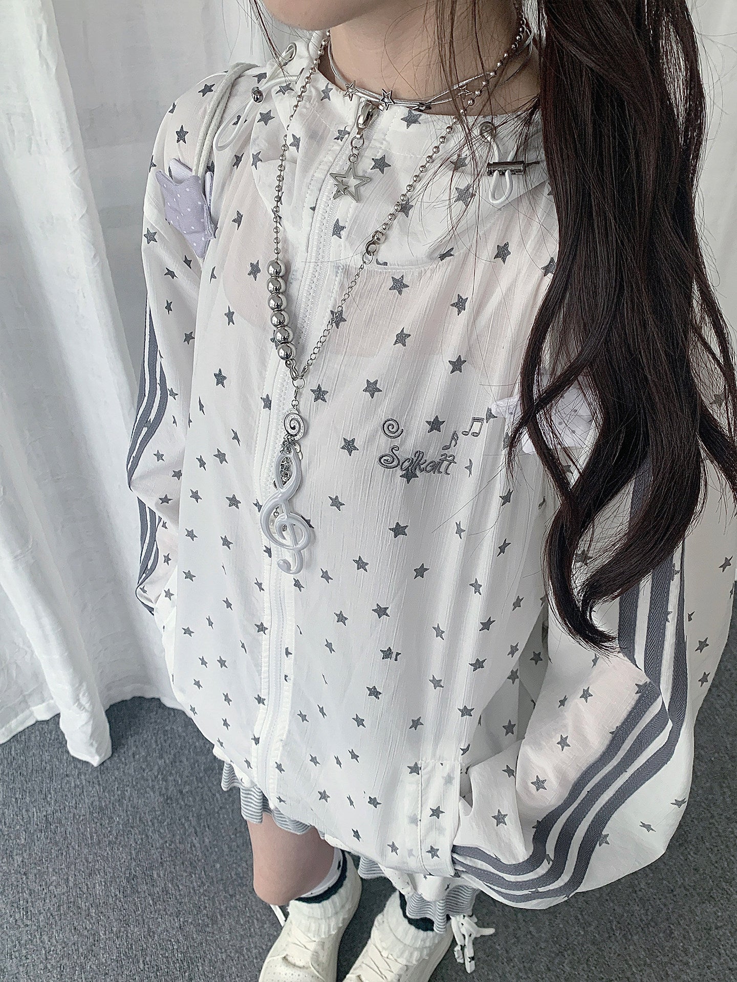 Star Print Sheer Hooded Lightweight Jacket