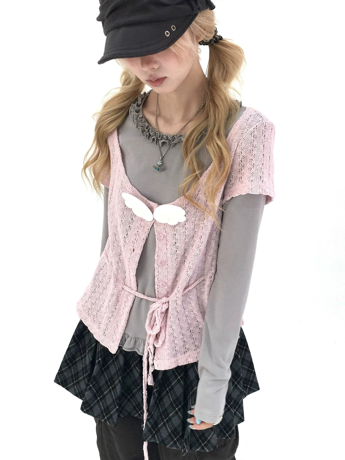 Blush Angel Wing Faux-Layer Knit Long Sleeve Top