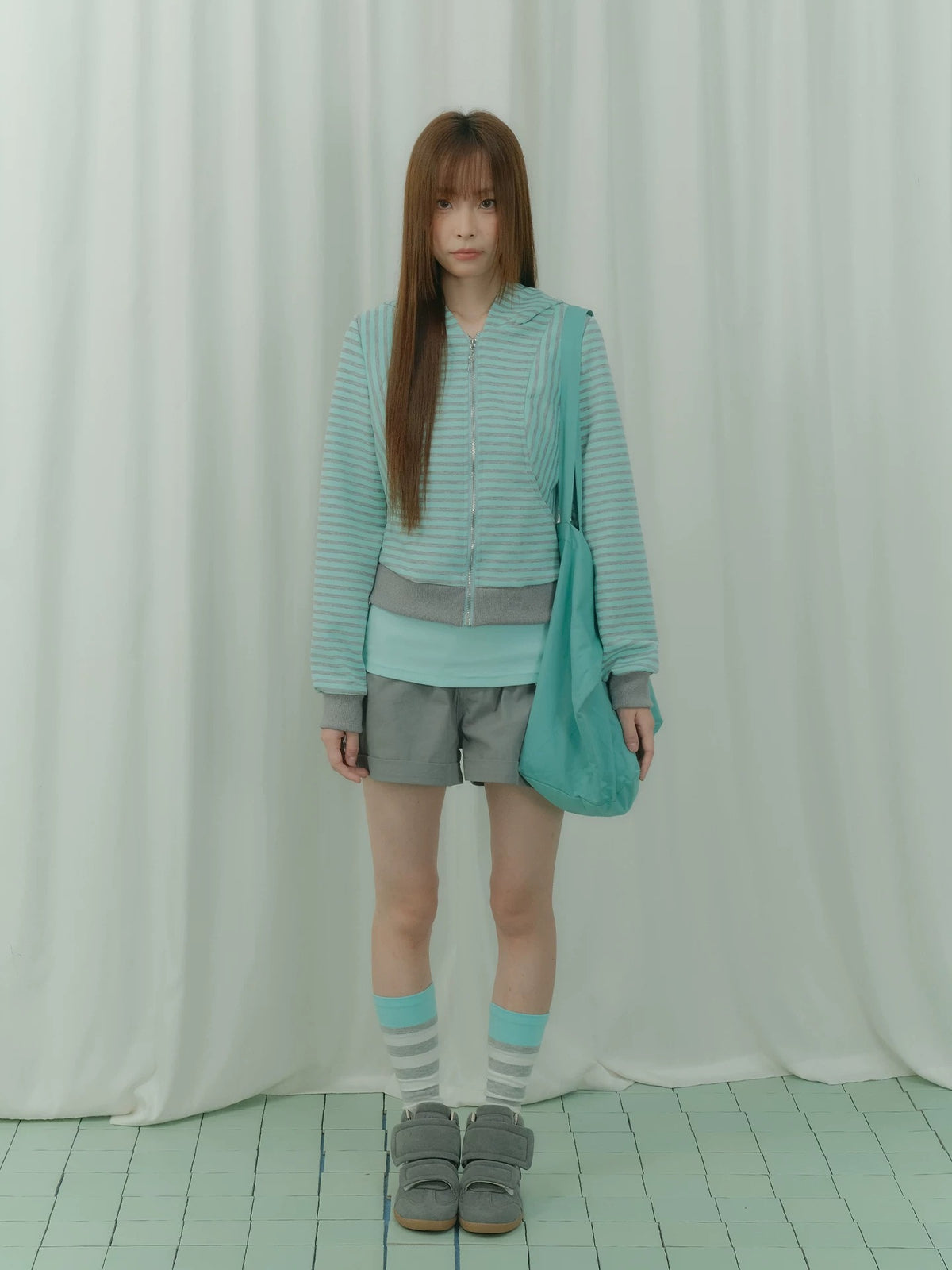 Mint Stripe Devil-Horn Zip-Up Hoodie