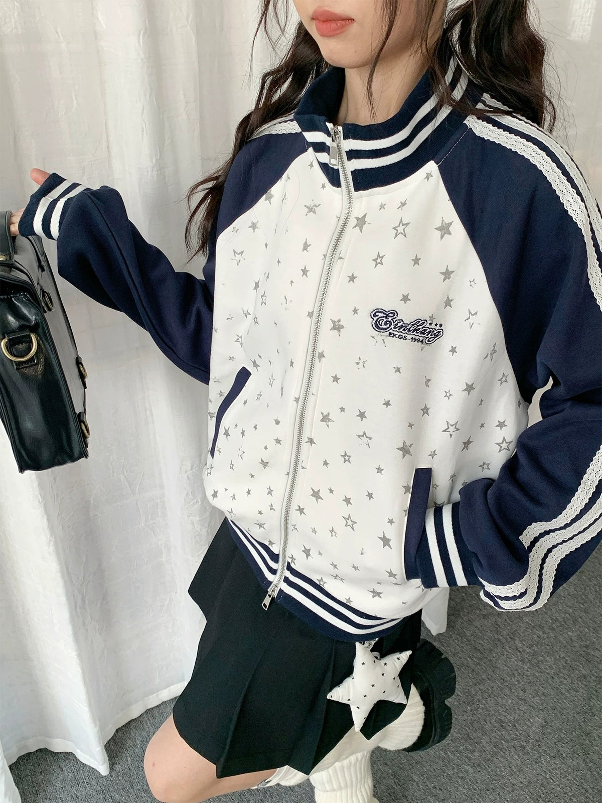 Star Print Contrast Zip-Up Track Jacket