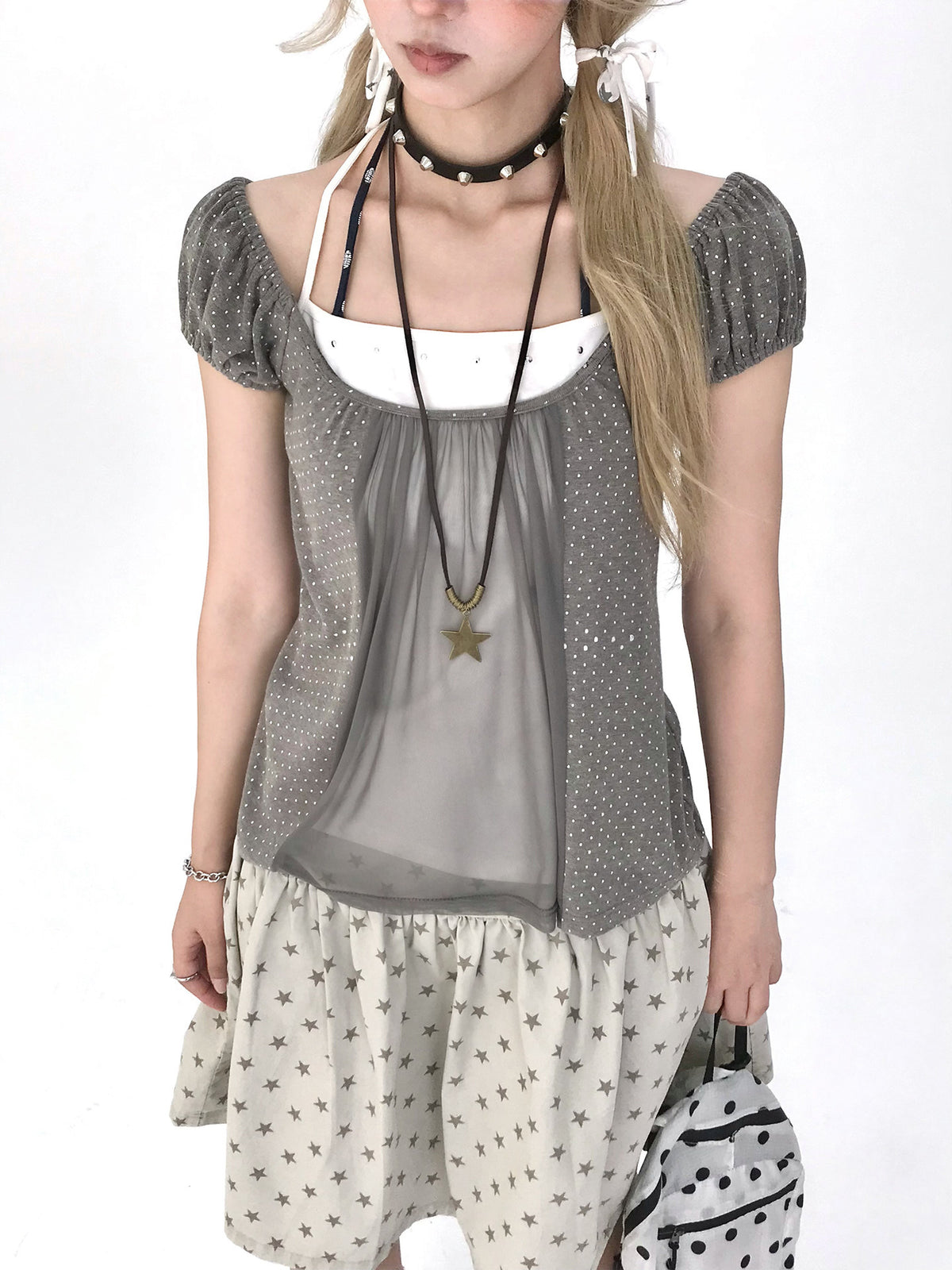 Polka Dot Mesh Panel Faux-Layered Short Sleeve Top