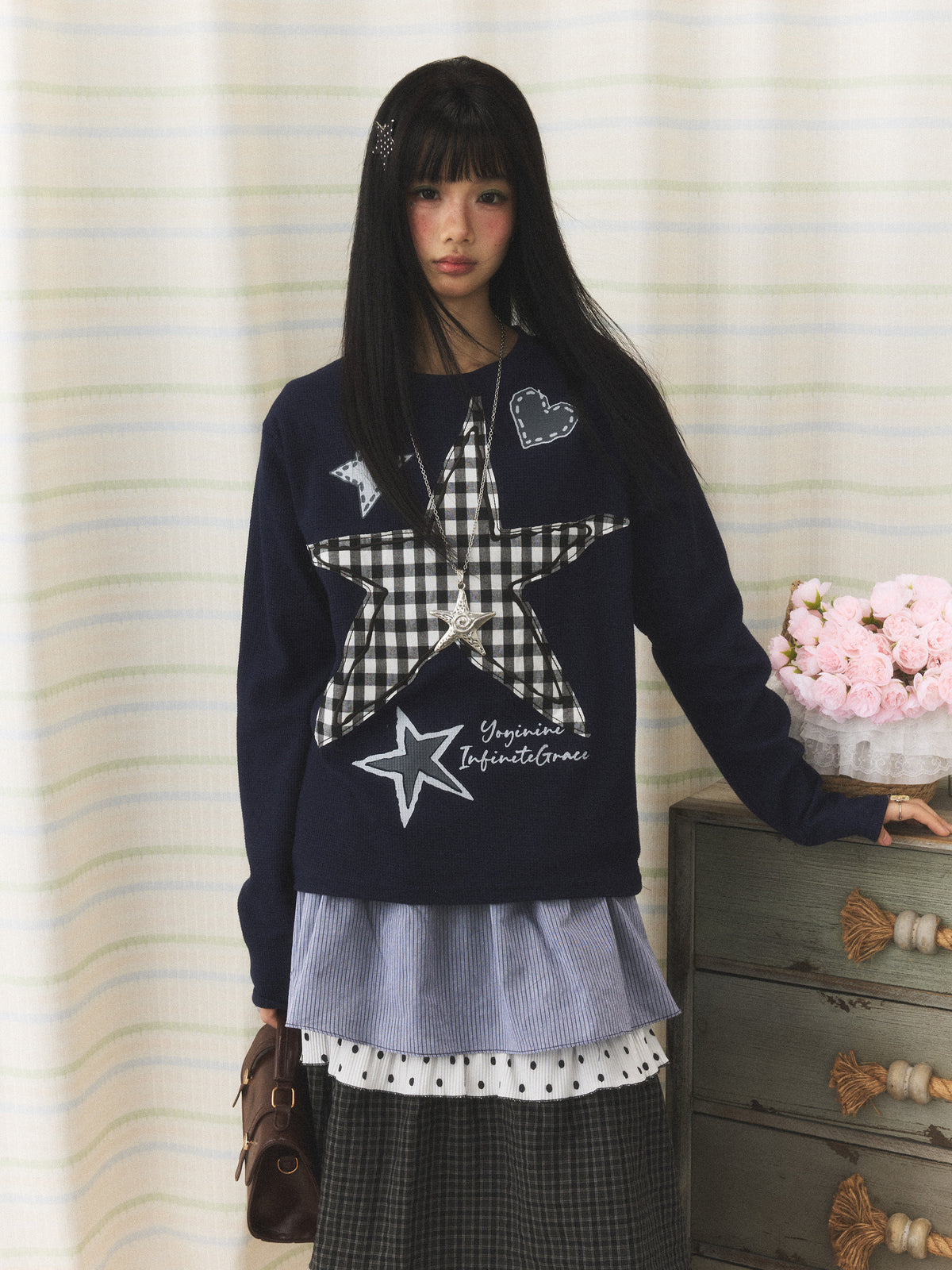 Plaid Star Patch Long Sleeve Top