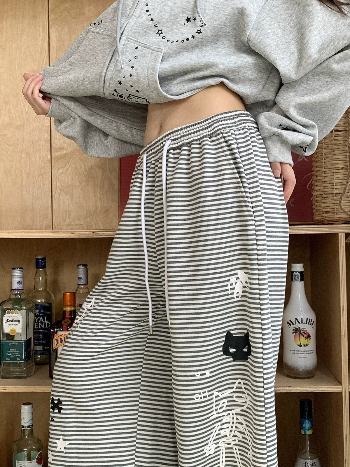Cartoon Cat Stripe Drawstring Wide-Leg Sweatpants