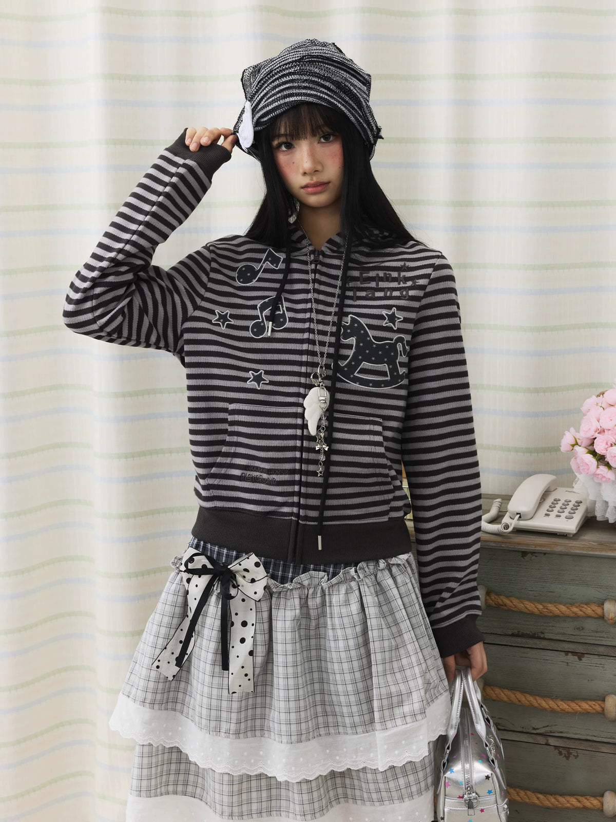 Striped Rocking Horse Embroidered Zip-Up Hoodie