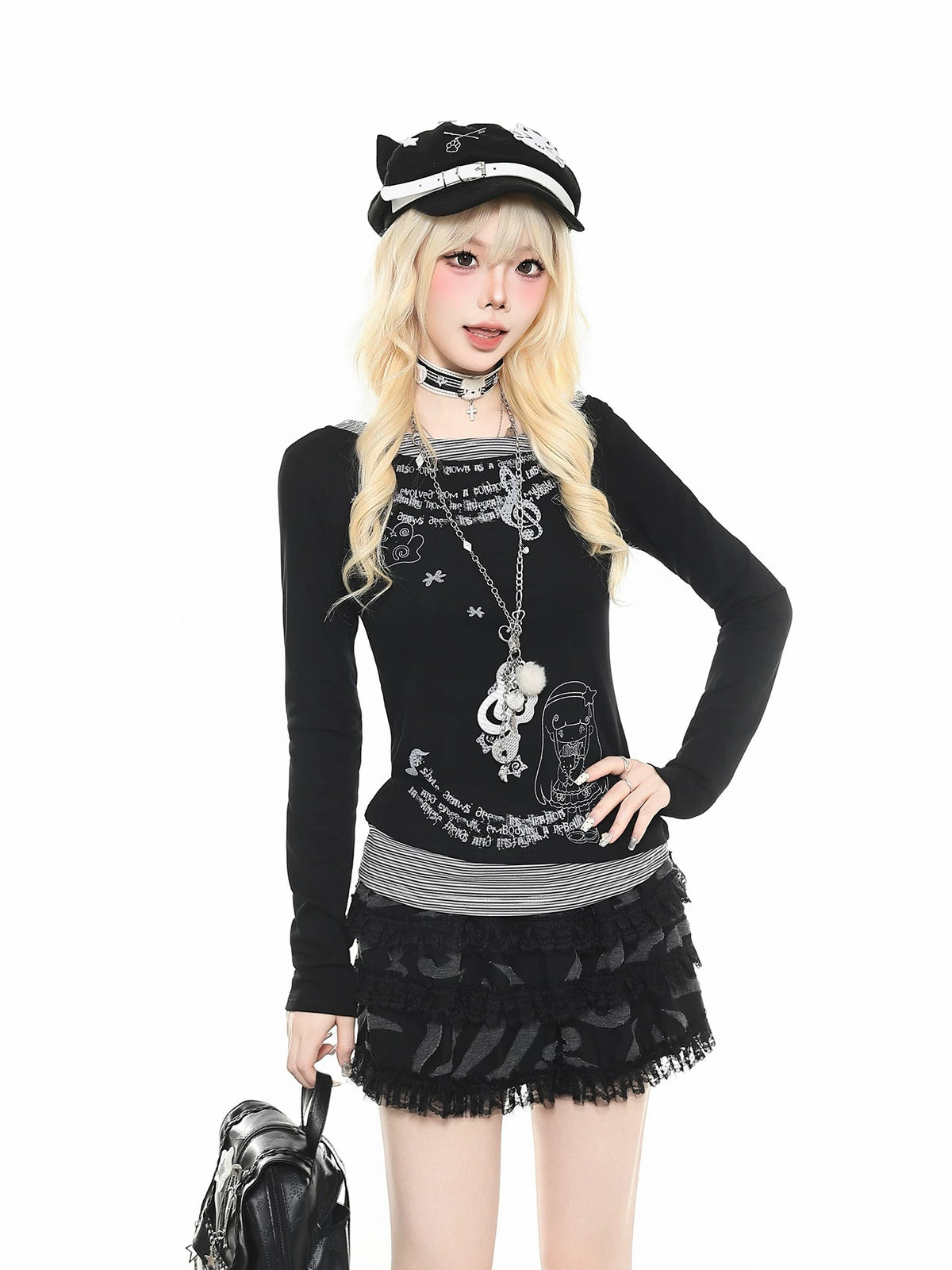 Cartoon Letter Stripe Layered Long Sleeve Top