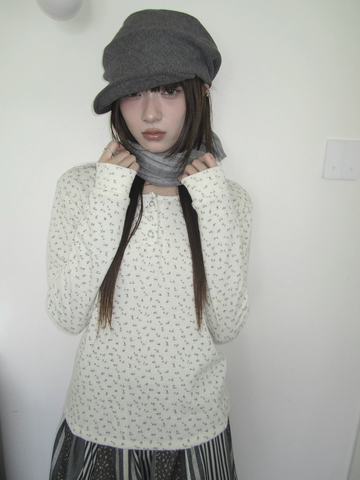 Tiny Floral Waffle Henley Long Sleeve Top