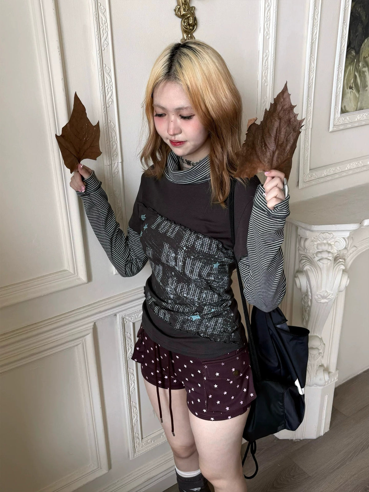 Striped Mock Neck Faux-Layer Graphic Long Sleeve Top