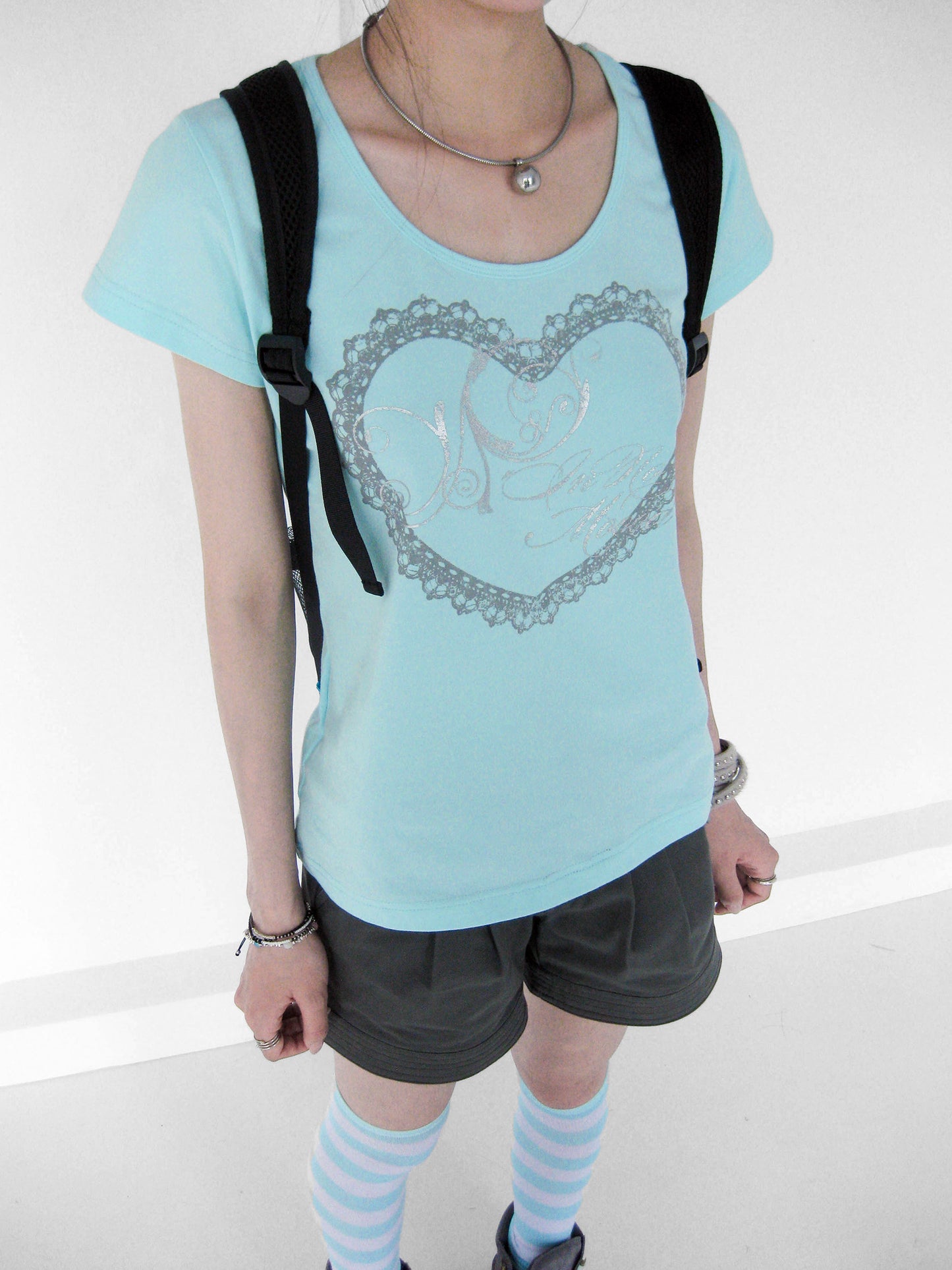 Silver Lace Heart Scoop-Neck Fitted Tee