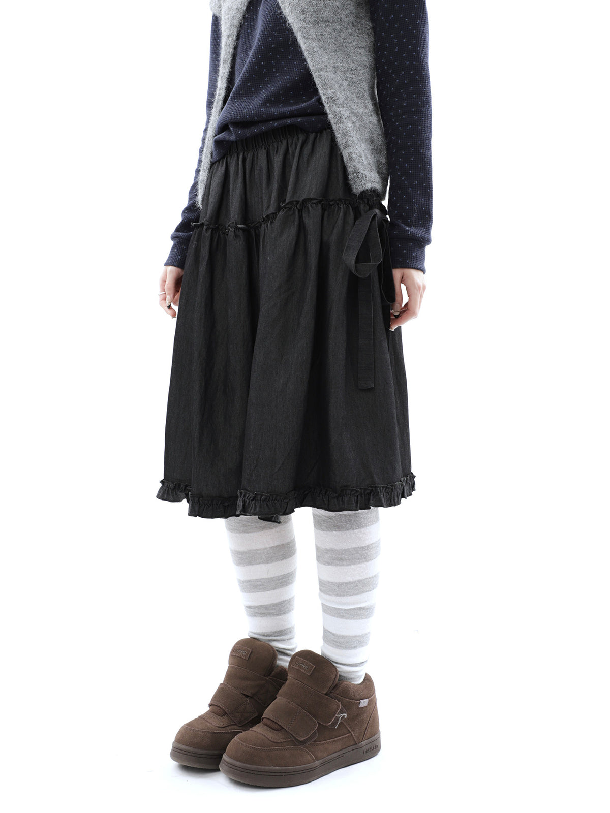 Washed Black Ruffle-Tiered Denim Midi Skirt